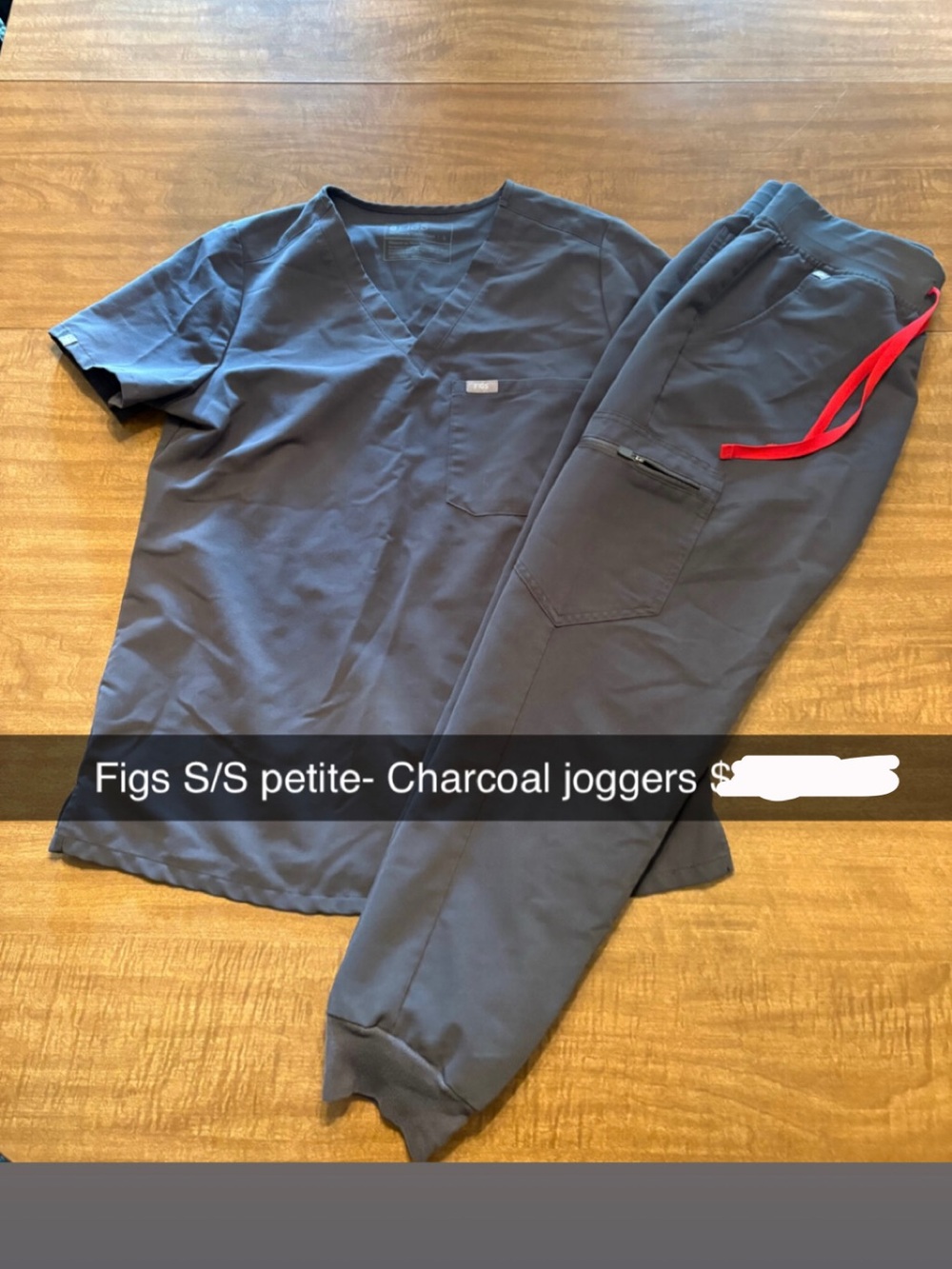 Figs Charcoal Scrub Top & Jogger Set with Red Drawstring